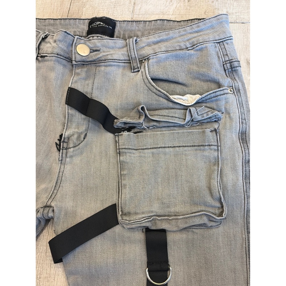 Cooper 9 Los Angeles Mens Gray Flare Cargo Jeans Webbing Straps Distressed 34